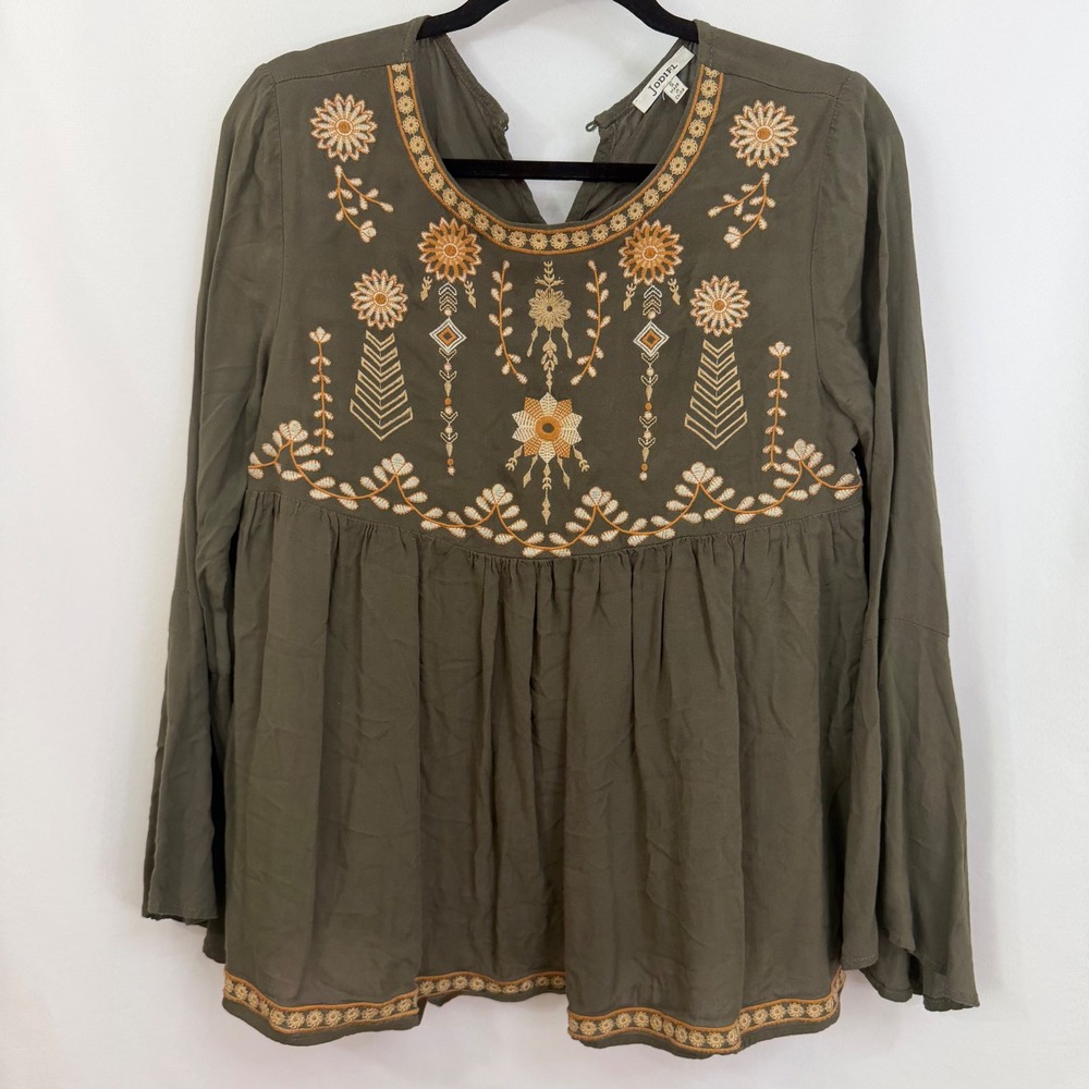 JodiFl Womens Olive Green Bell Sleeve Embroidered Tunic Top Small‎ Boho